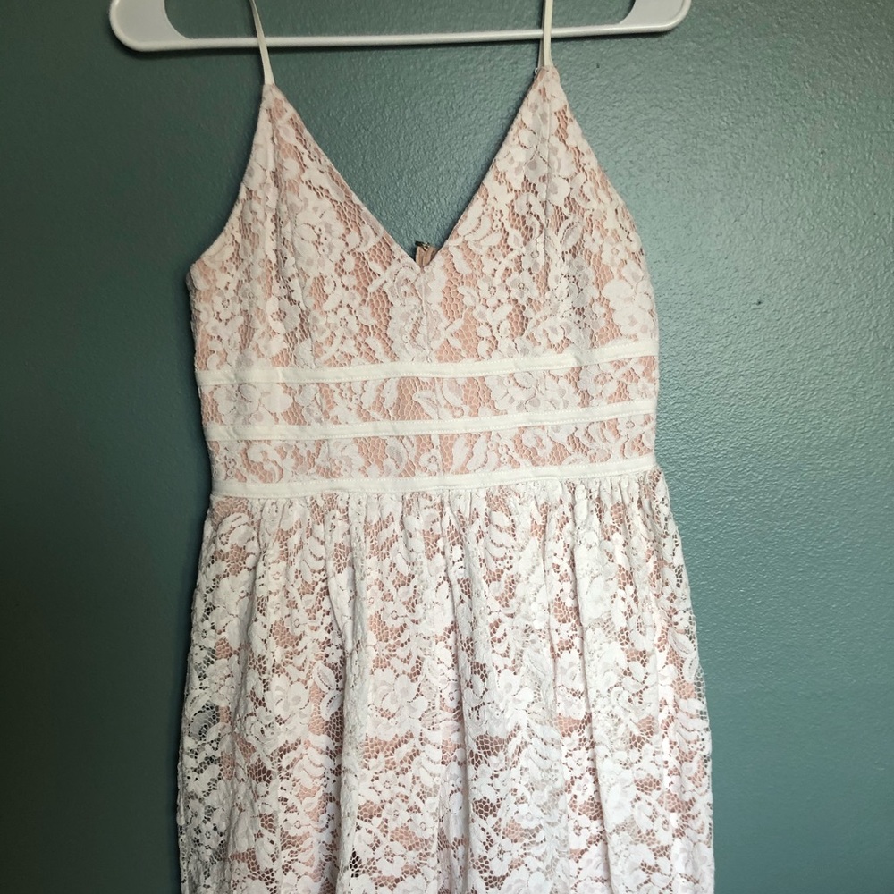 Nude with white lace overlay mini dress